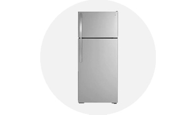 GE Appliances Refrigerator product isolated on top of a light grey circle